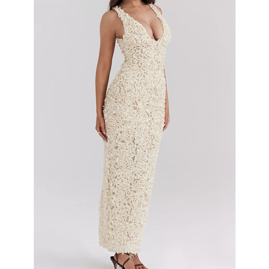 Floral Applique Deep V-Neck Maxi Dress Apparel and Accessories