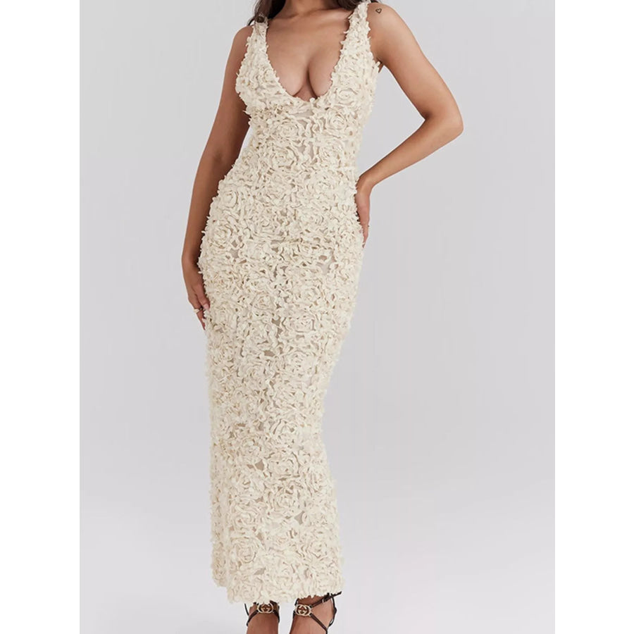 Floral Applique Deep V-Neck Maxi Dress Apparel and Accessories
