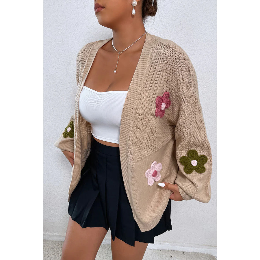 Floral Applique Drop Shoulder Open Front Cardigan Apparel and Accessories