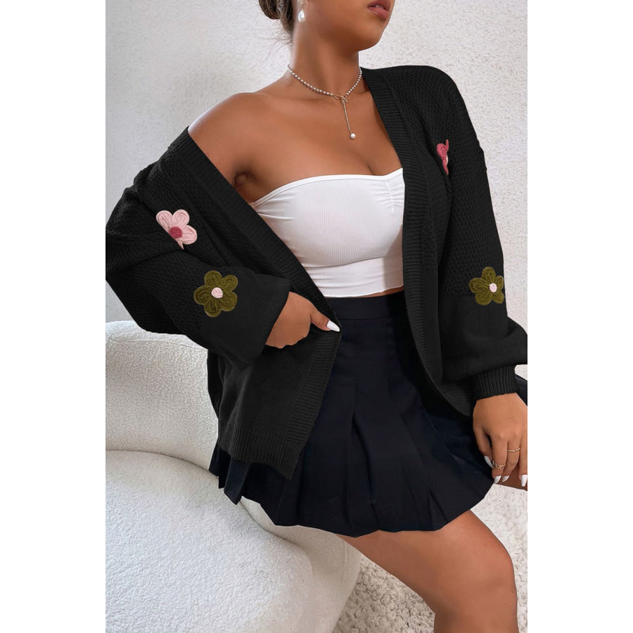 Floral Applique Drop Shoulder Open Front Cardigan Apparel and Accessories