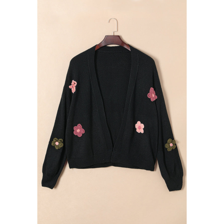 Floral Applique Drop Shoulder Open Front Cardigan Apparel and Accessories