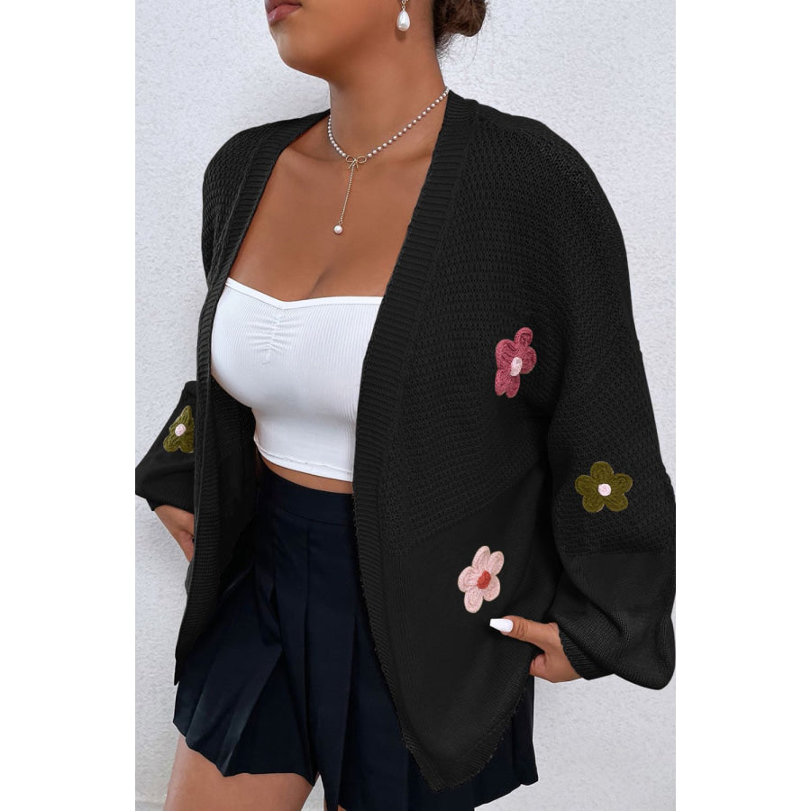 Floral Applique Drop Shoulder Open Front Cardigan Black / S Apparel and Accessories