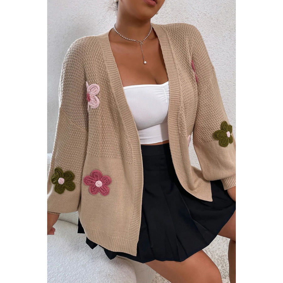 Floral Applique Drop Shoulder Open Front Cardigan Khaki / S Apparel and Accessories