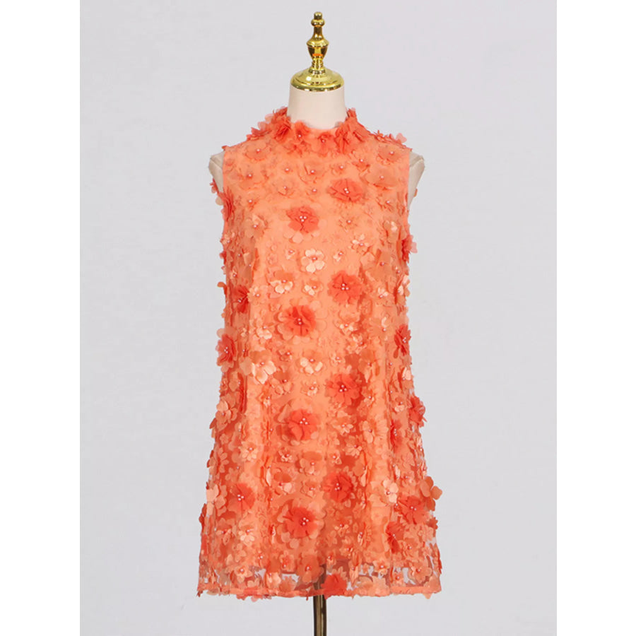 Floral Applique High Neck Sleeveless Mini Dress Orange / S Apparel and Accessories