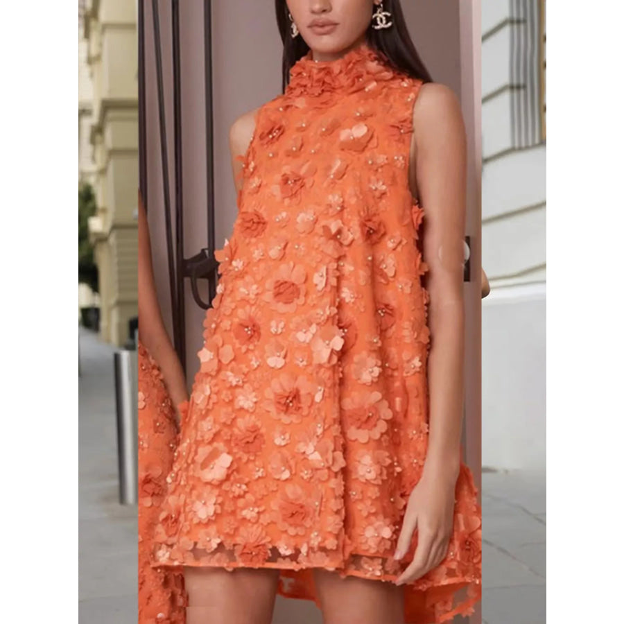 Floral Applique High Neck Sleeveless Mini Dress Orange / S Apparel and Accessories