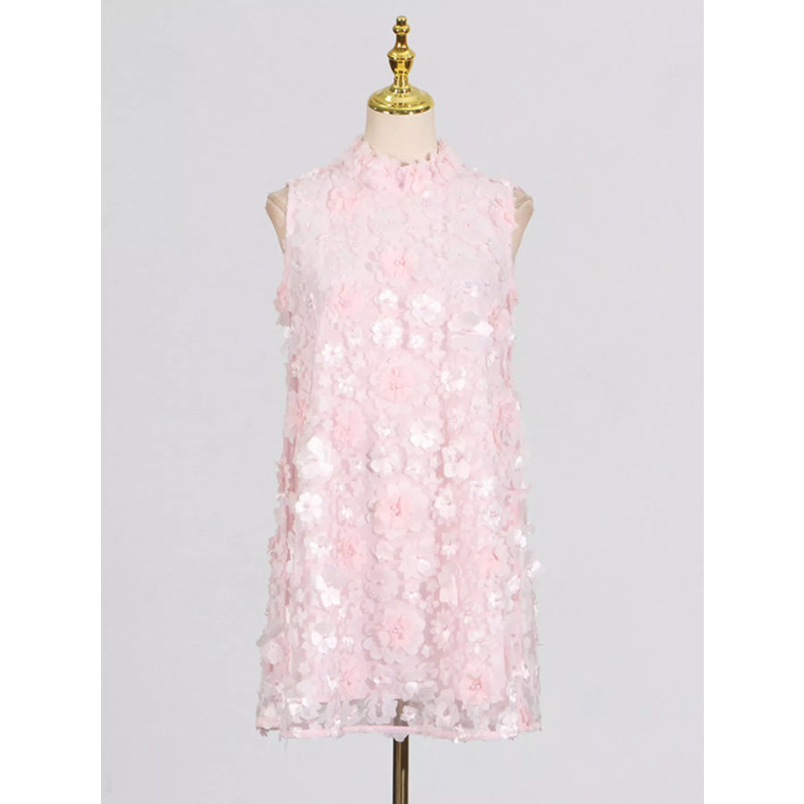 Floral Applique High Neck Sleeveless Mini Dress Pink / S Apparel and Accessories