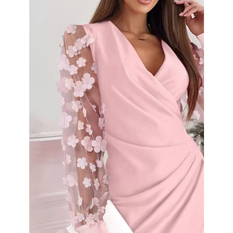 Floral Applique Mesh Sleeve Bodycon Dress Apparel and Accessories