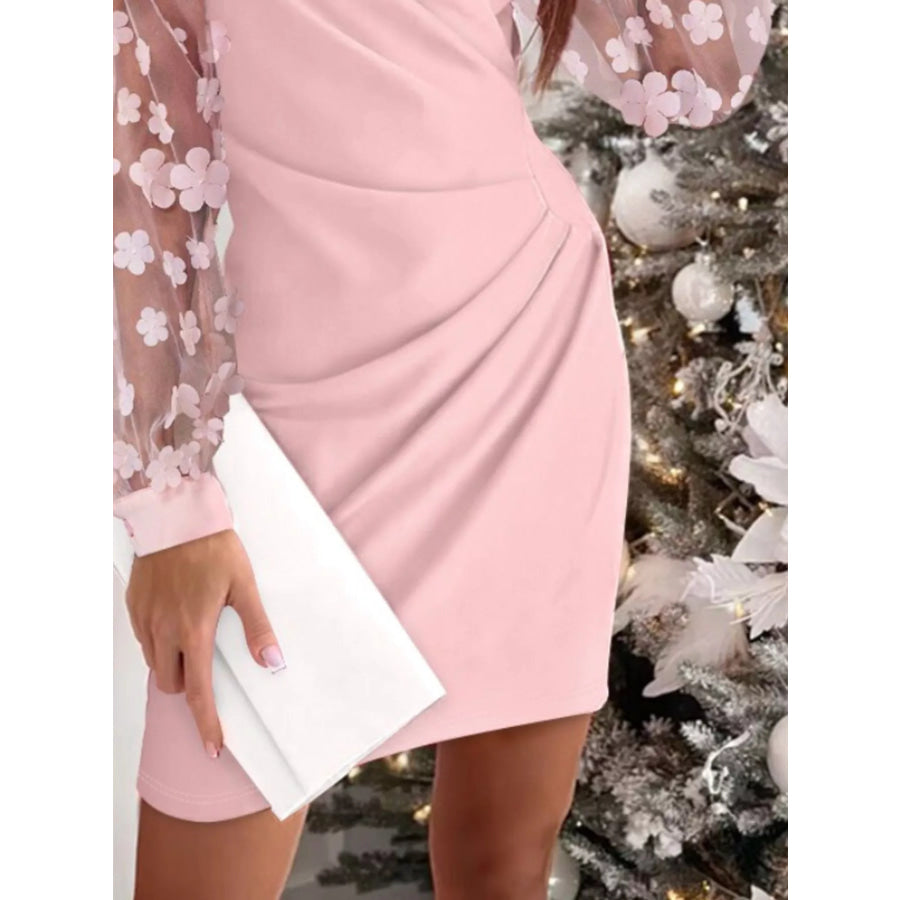 Floral Applique Mesh Sleeve Bodycon Dress Apparel and Accessories