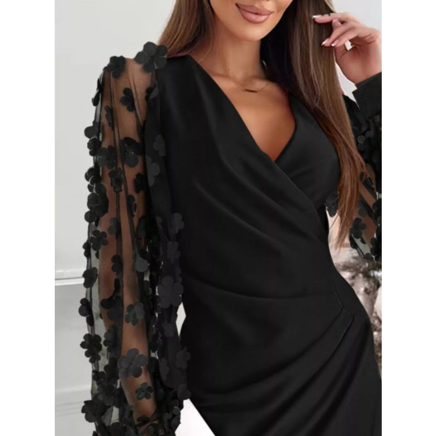 Floral Applique Mesh Sleeve Bodycon Dress Apparel and Accessories