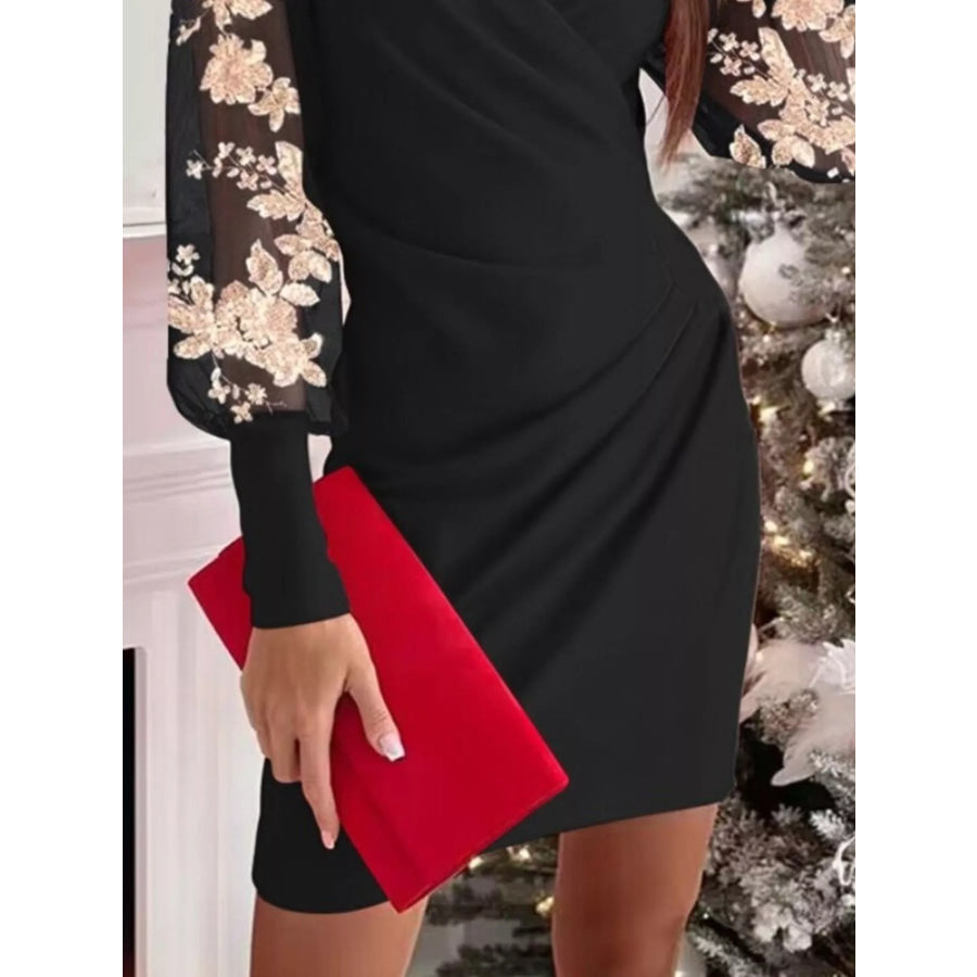 Floral Applique Mesh Sleeve Bodycon Dress Apparel and Accessories