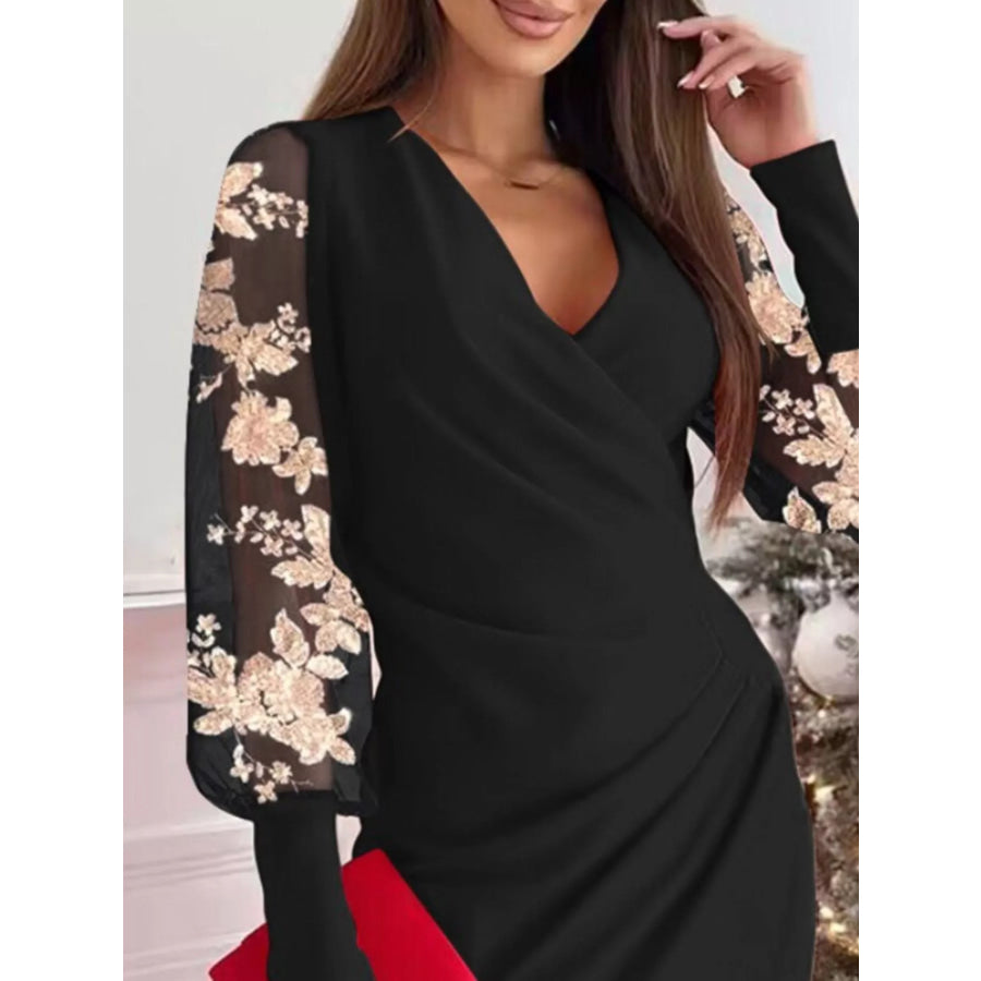 Floral Applique Mesh Sleeve Bodycon Dress Apparel and Accessories