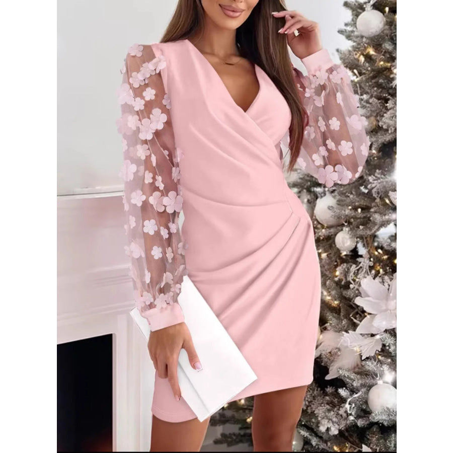 Floral Applique Mesh Sleeve Bodycon Dress Pink / S Apparel and Accessories