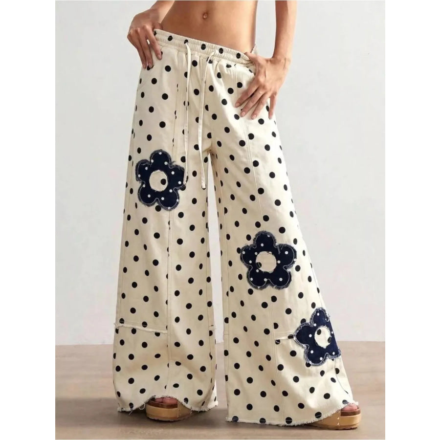 Floral Applique Polka Dot Wide-Leg Jeans Apparel and Accessories