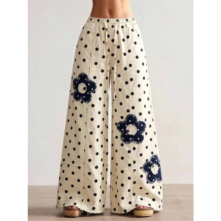 Floral Applique Polka Dot Wide-Leg Jeans Apparel and Accessories