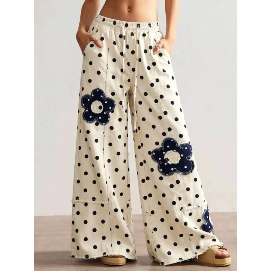 Floral Applique Polka Dot Wide-Leg Jeans Apparel and Accessories