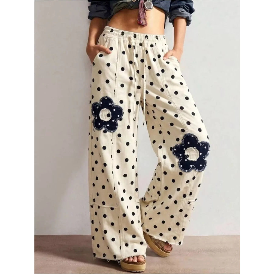 Floral Applique Polka Dot Wide-Leg Jeans Beige / S Apparel and Accessories