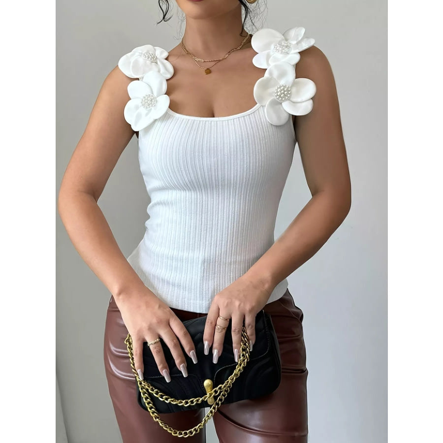 Floral Applique Ribbed Tank Top Apparel and Accessories