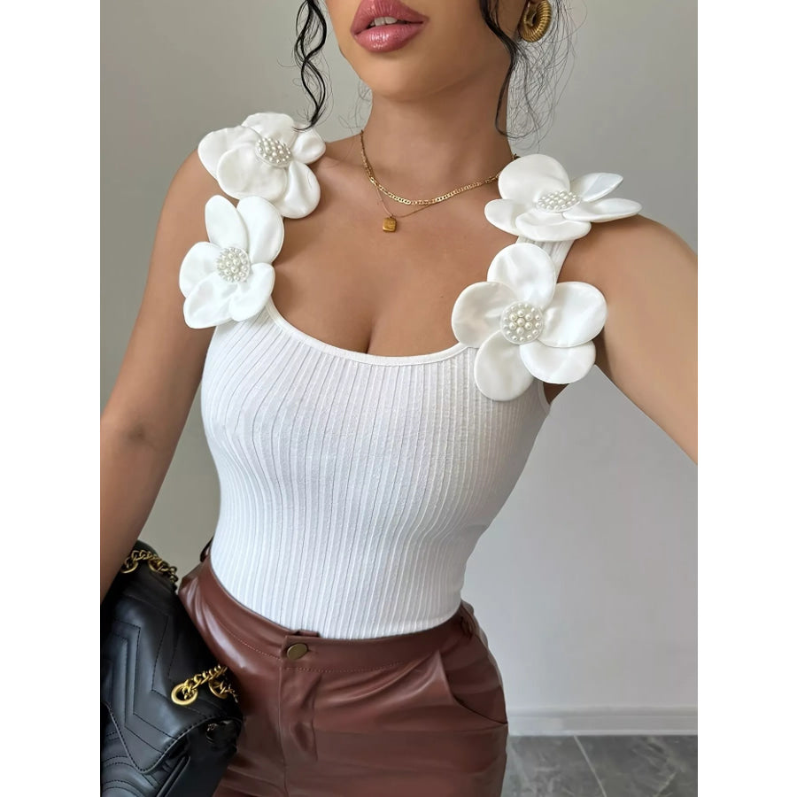 Floral Applique Ribbed Tank Top Apparel and Accessories