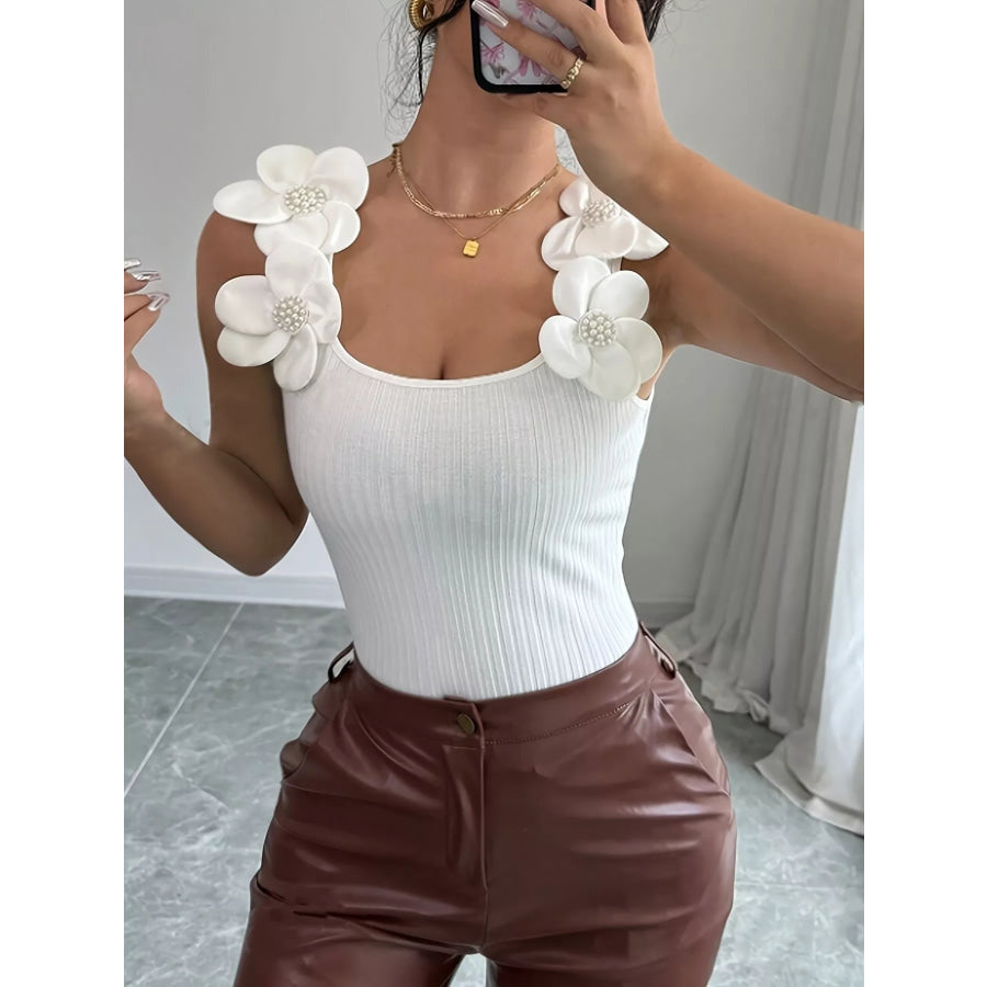 Floral Applique Ribbed Tank Top Apparel and Accessories