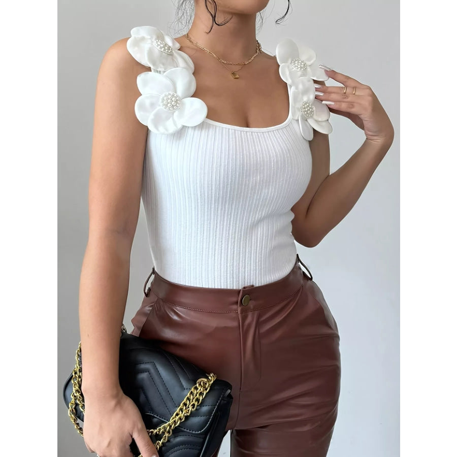 Floral Applique Ribbed Tank Top Apparel and Accessories