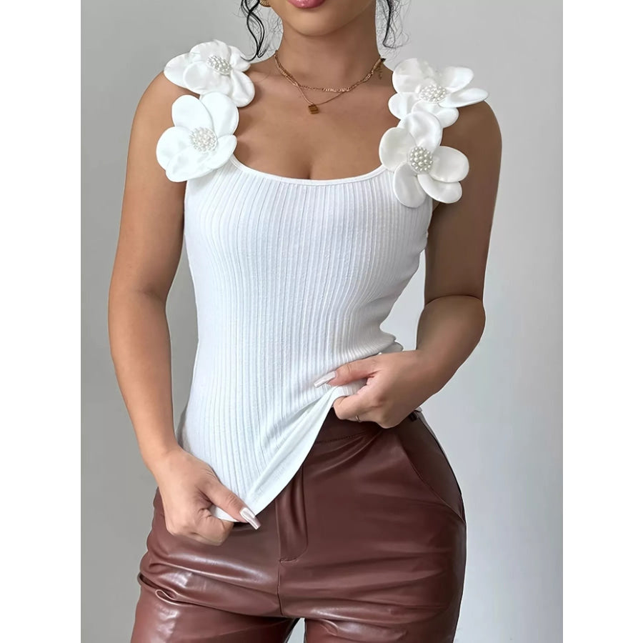 Floral Applique Ribbed Tank Top White / S Apparel and Accessories