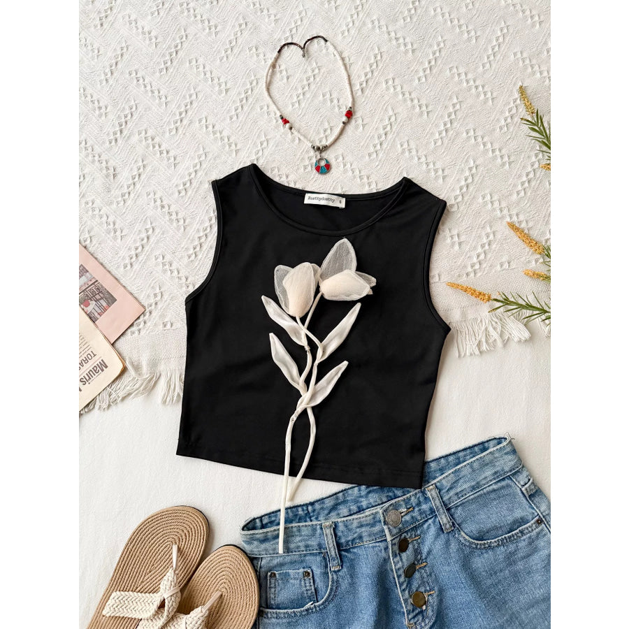 Floral Applique Round Neck Tank Top Apparel and Accessories