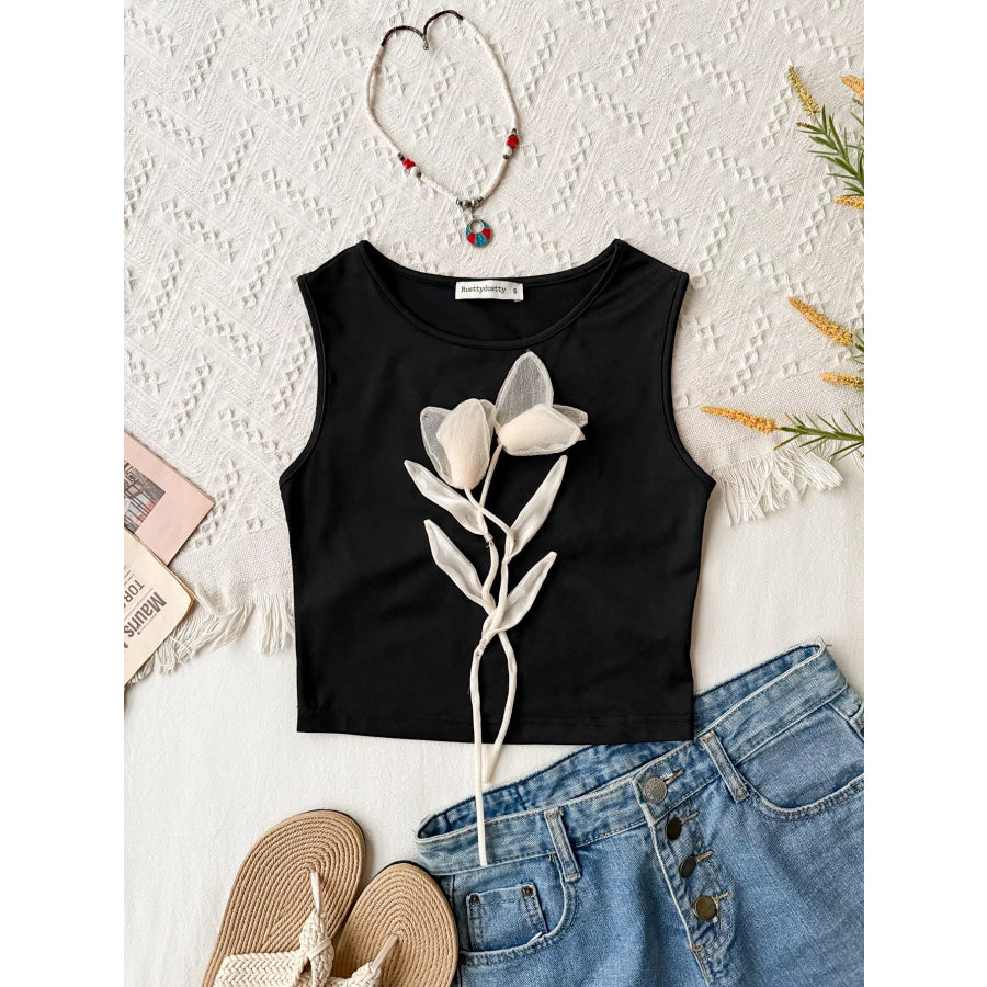 Floral Applique Round Neck Tank Top Apparel and Accessories