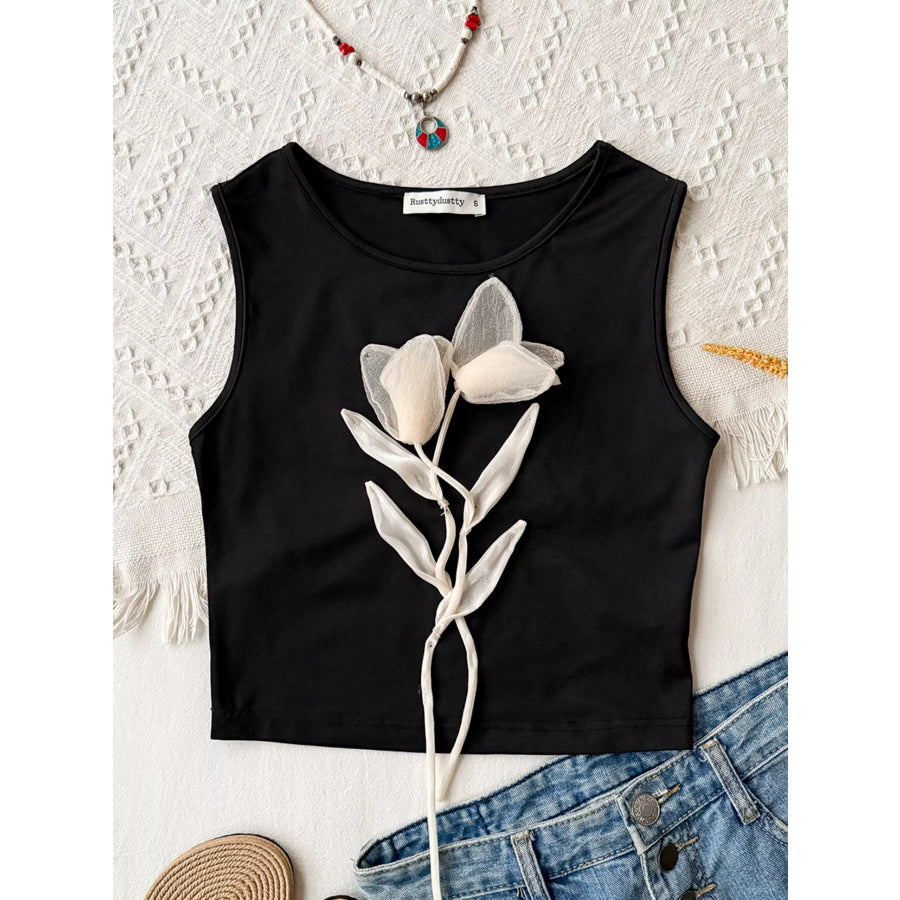 Floral Applique Round Neck Tank Top Black / S Apparel and Accessories