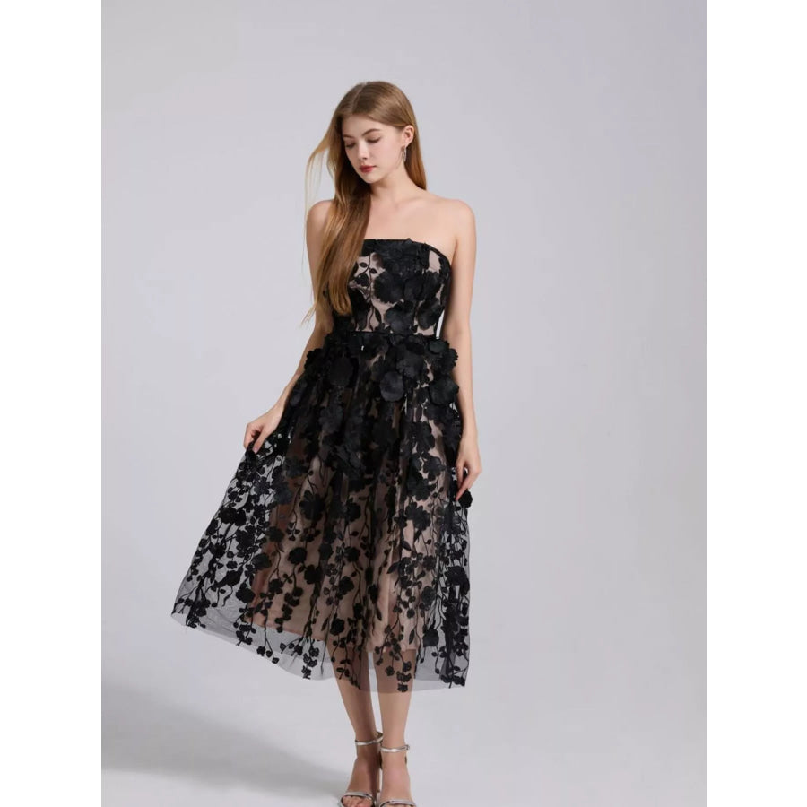 Floral Applique Strapless Midi Dress Apparel and Accessories