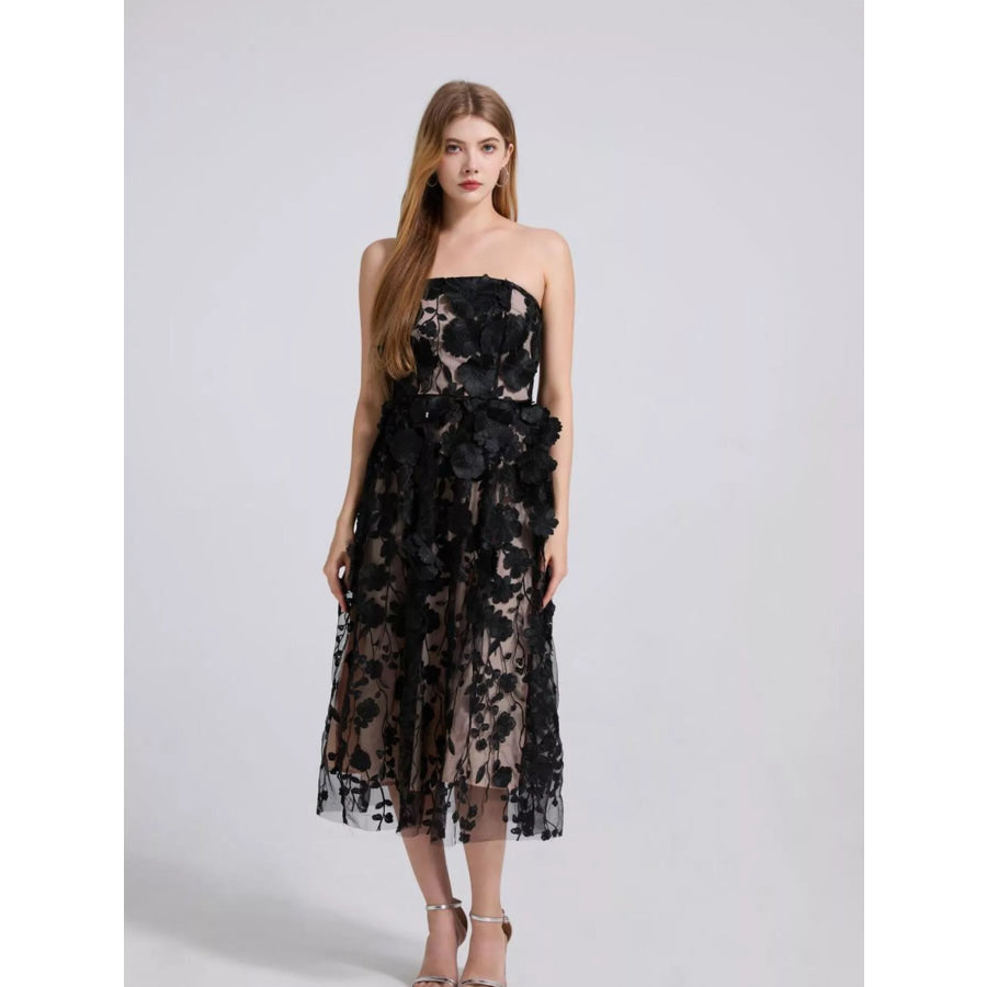 Floral Applique Strapless Midi Dress Apparel and Accessories