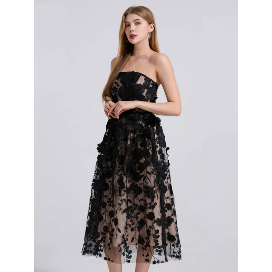 Floral Applique Strapless Midi Dress Apparel and Accessories