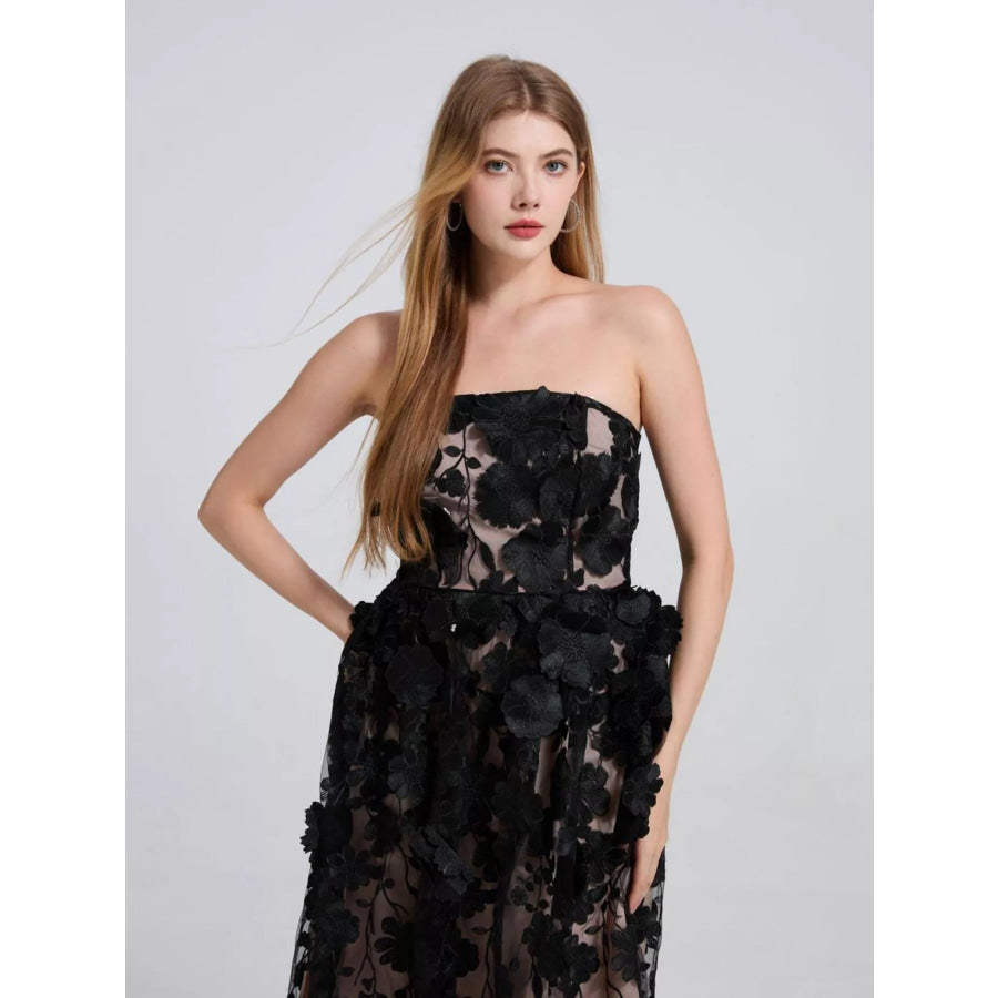 Floral Applique Strapless Midi Dress Apparel and Accessories