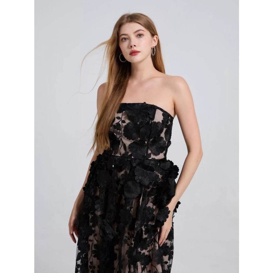 Floral Applique Strapless Midi Dress Apparel and Accessories