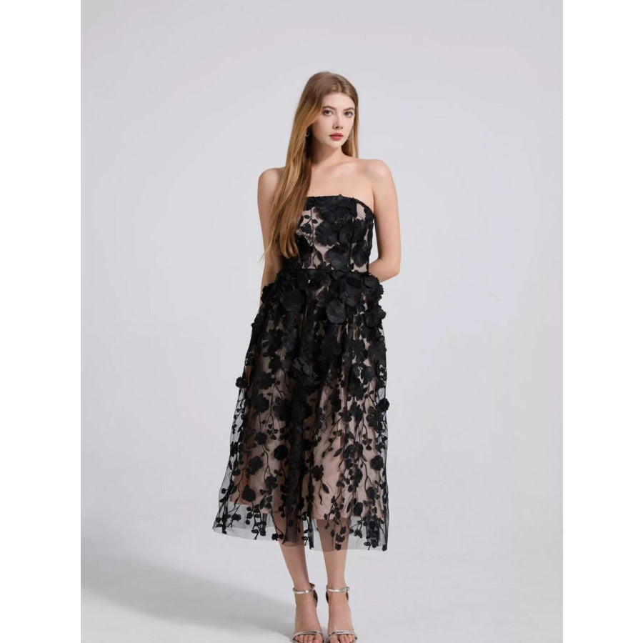 Floral Applique Strapless Midi Dress Apparel and Accessories
