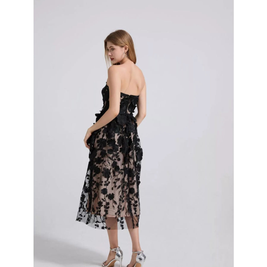 Floral Applique Strapless Midi Dress Apparel and Accessories