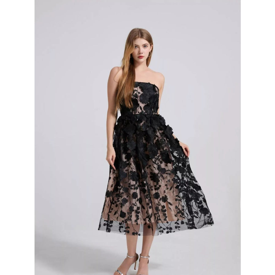 Floral Applique Strapless Midi Dress Black / S Apparel and Accessories