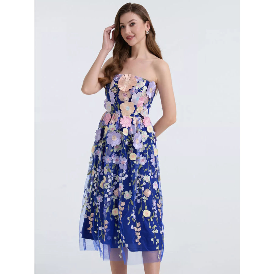 Floral Applique Strapless Midi Dress Blue / S Apparel and Accessories