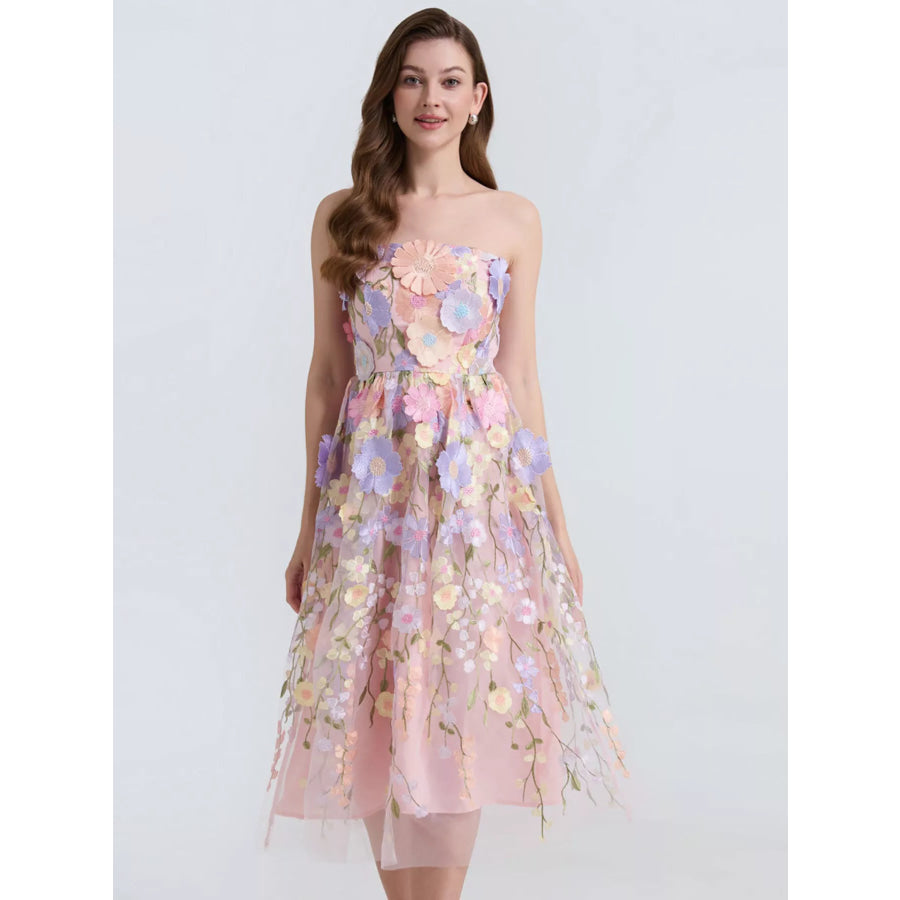 Floral Applique Strapless Midi Dress Pink / S Apparel and Accessories