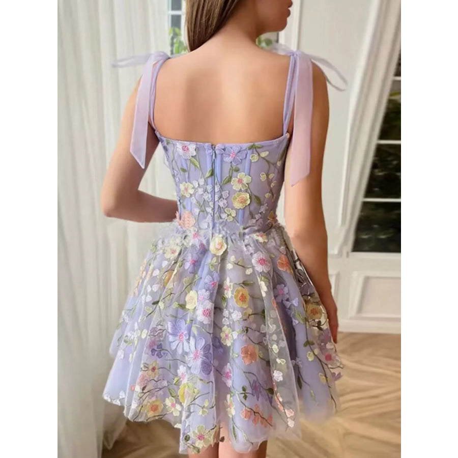 Floral Applique Tie Shoulder Mini Dress Apparel and Accessories