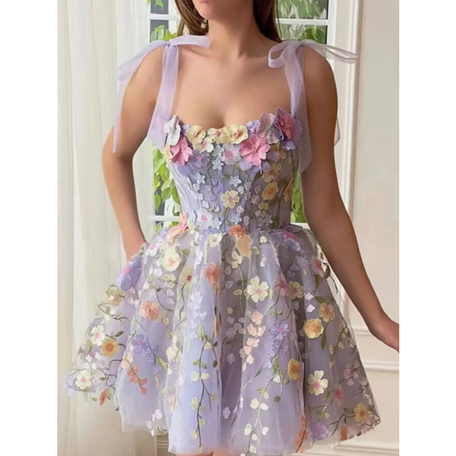 Floral Applique Tie Shoulder Mini Dress Apparel and Accessories