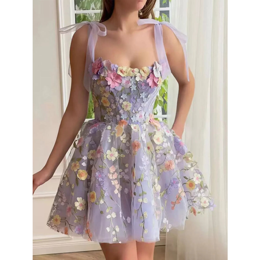 Floral Applique Tie Shoulder Mini Dress Light Purple / S Apparel and Accessories