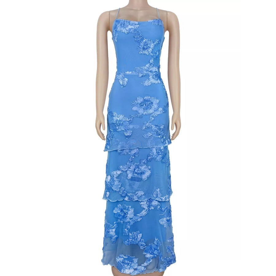 Floral Applique Tiered Maxi Dress with Lace Up Detail Apparel and Accessories
