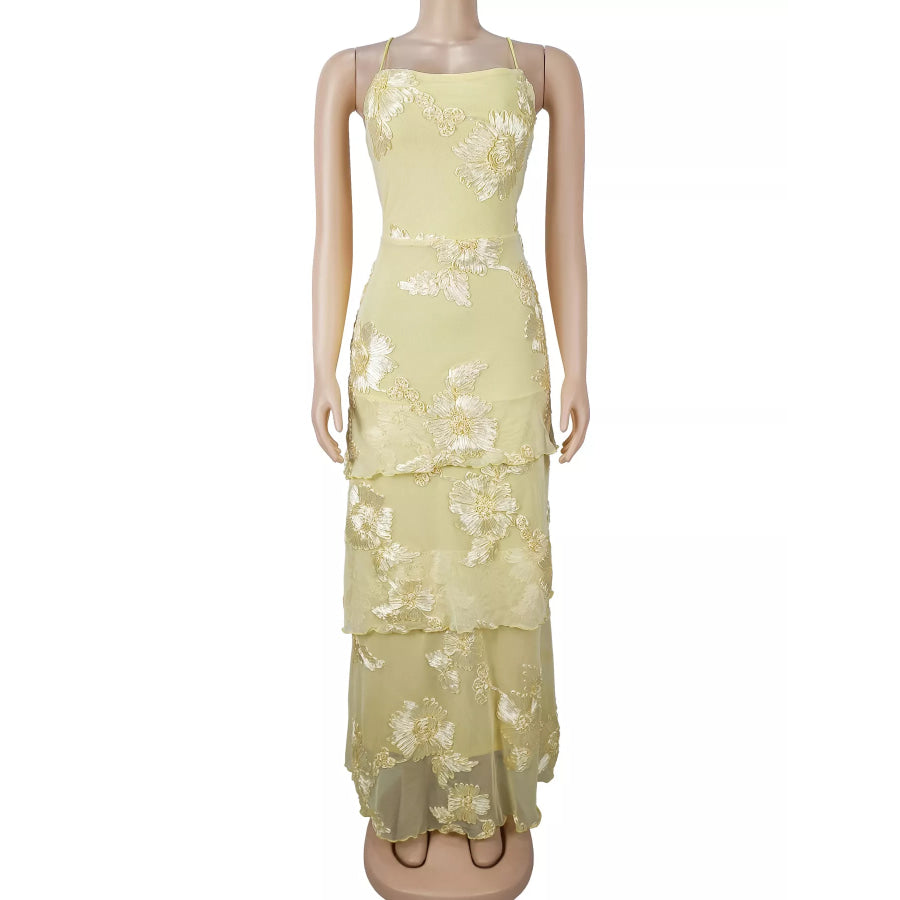 Floral Applique Tiered Maxi Dress with Lace Up Detail Apparel and Accessories
