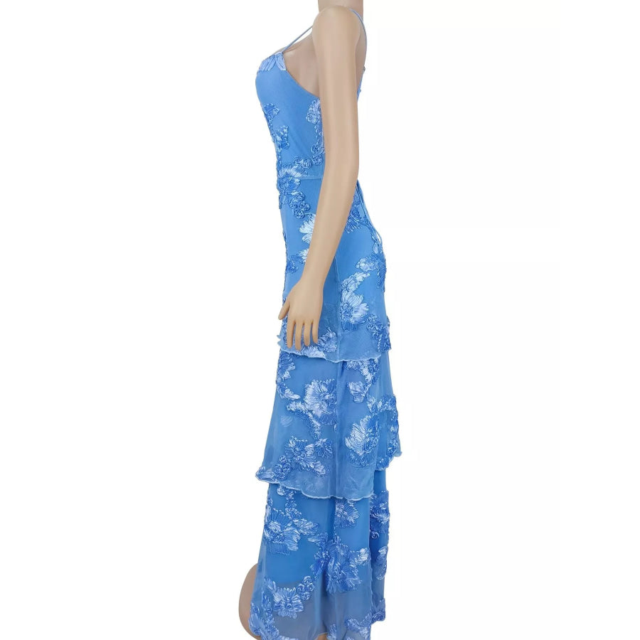 Floral Applique Tiered Maxi Dress with Lace Up Detail Apparel and Accessories