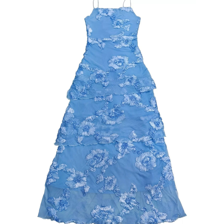 Floral Applique Tiered Maxi Dress with Lace Up Detail Apparel and Accessories
