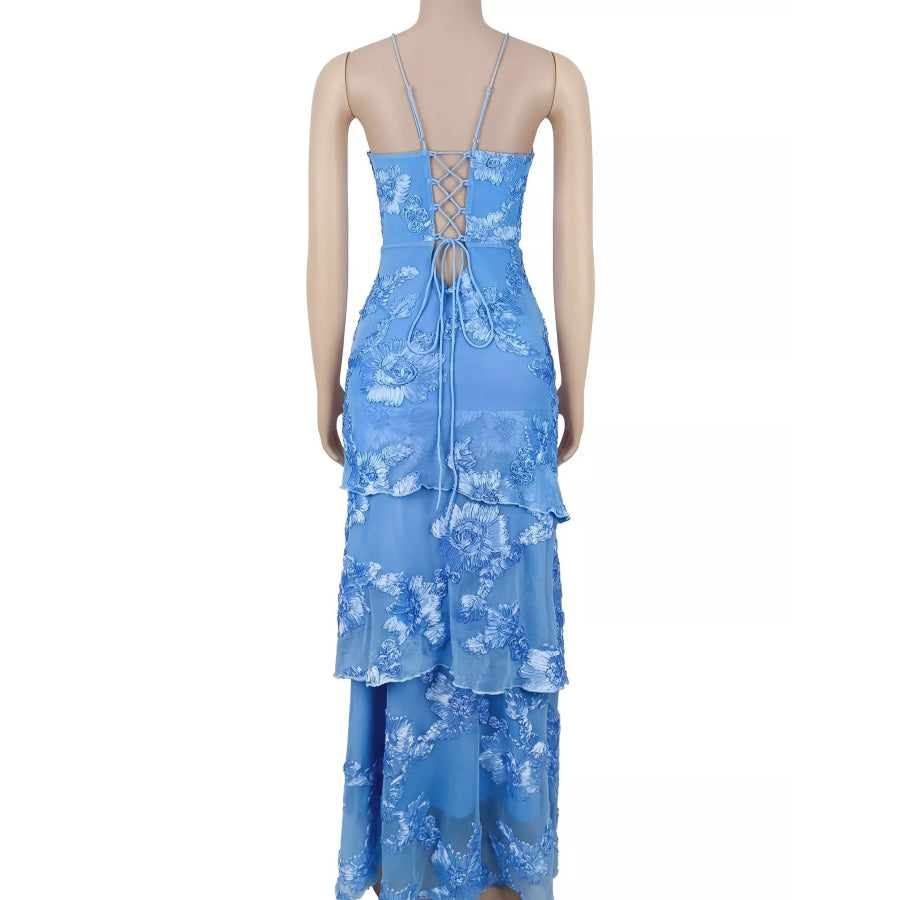 Floral Applique Tiered Maxi Dress with Lace Up Detail Apparel and Accessories
