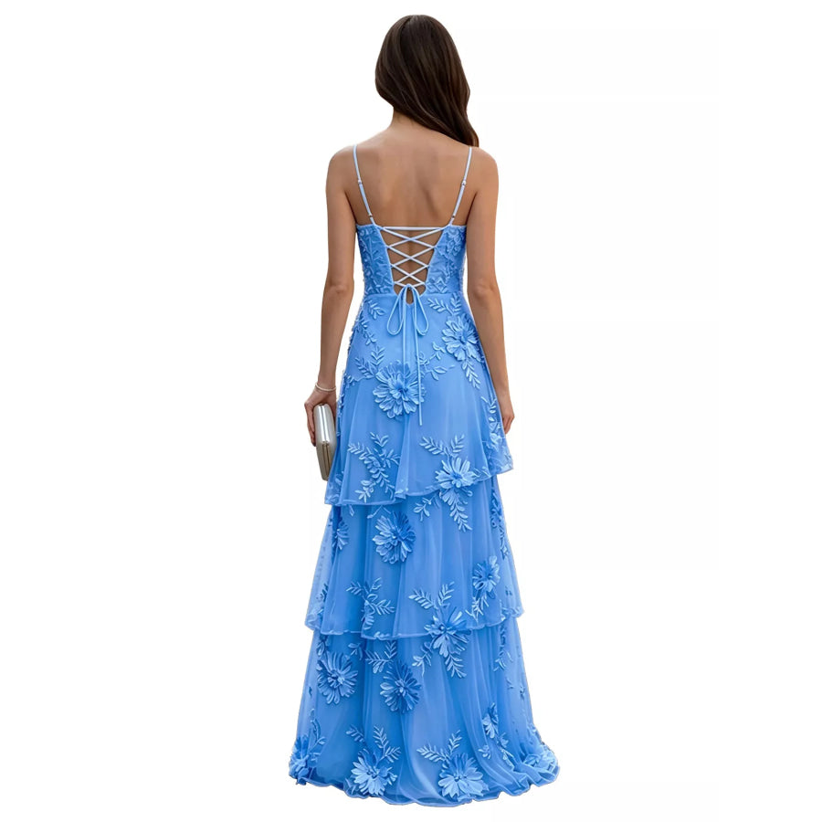 Floral Applique Tiered Maxi Dress with Lace Up Detail Apparel and Accessories