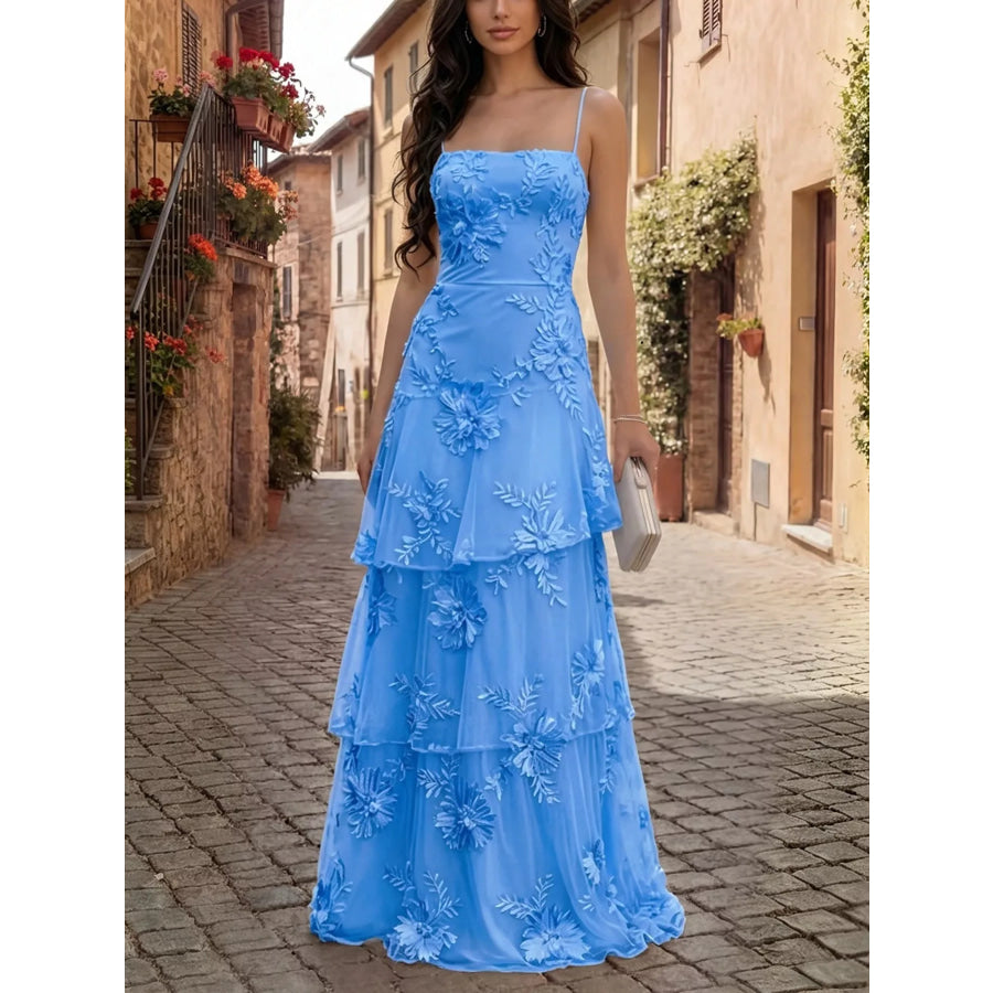 Floral Applique Tiered Maxi Dress with Lace Up Detail Blue / S Apparel and Accessories