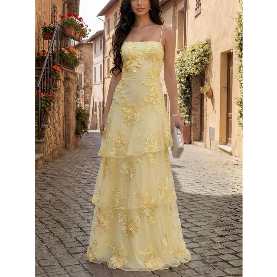Floral Applique Tiered Maxi Dress with Lace Up Detail Yellow / S Apparel and Accessories