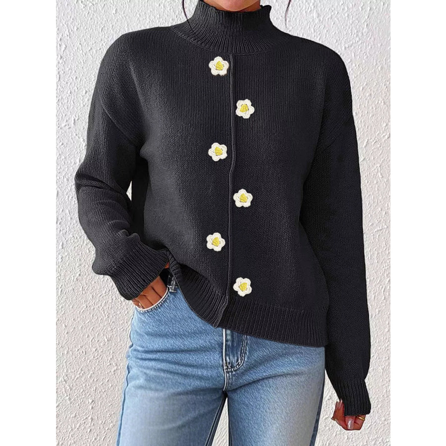 Floral Applique Turtleneck Sweater Apparel and Accessories
